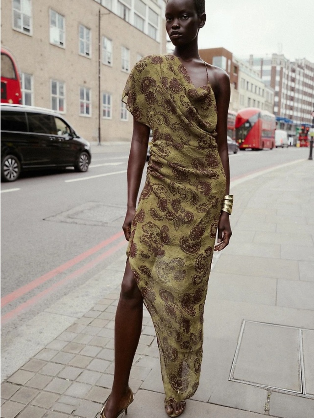 Zara Olive Paisley One-Shoulder Dress